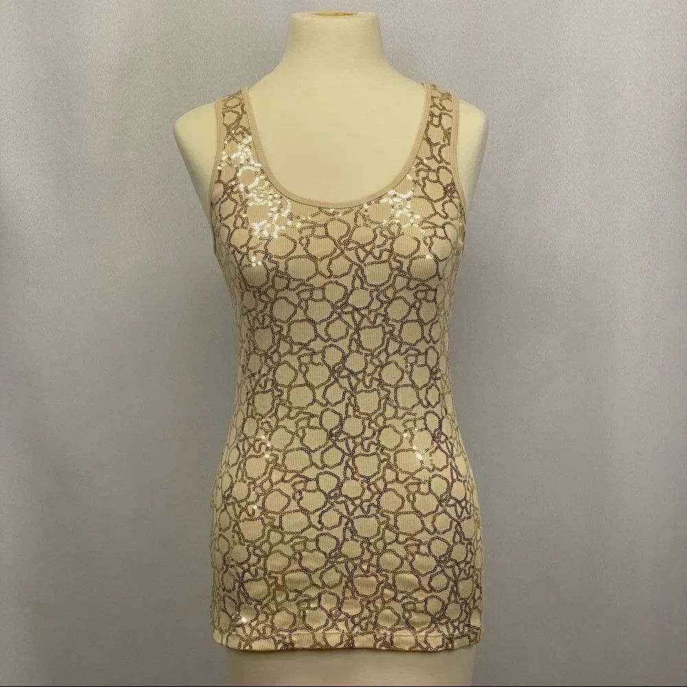 Express Tan Sequin Fitted Ribbed Tank Top Size Small